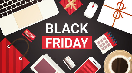 Black Friday Text On Workplace Desk With Computer Keyboard Above View Background Holiday Discount Poster Design Flat Vector Illustration