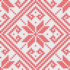 Seamless knitted pattern. Cross-stitch. Norwegian pattern. Scandinavian stars and snowflakes.