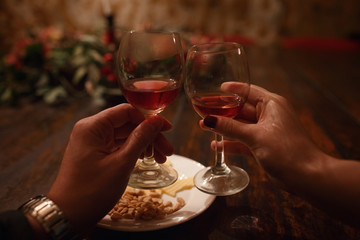 tasting delicious wine and cheese in the old wine cellar