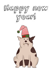 dogs in New Year's costumes. New Year symbol 2018. Greeting card with Christmas puppy on white background. Santa Claus. New Year's and Christmas. Post card.