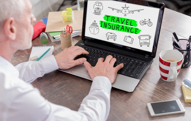 Fototapeta na wymiar Travel insurance concept on a laptop screen