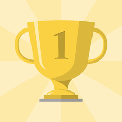 Gold trophy winner cup with 1 symbol on the trophy, vector illustration