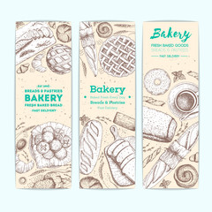 Bakery vector illustration. Vertical banner set. Hand drawn sketch with bread, pastry, sweet. Background template for design. Engraved food image.