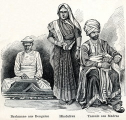 From left - brahmin from Bengal, hindu woman, tamil from Madras (now Chennai) (from Meyers Lexikon, 1896, 13/338/339)