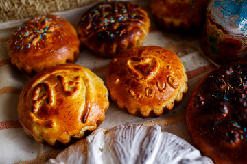 delicious bakery products on table