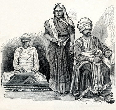 From left - brahmin from Bengal, hindu woman, tamil from Madras (now Chennai) (from Meyers Lexikon, 1896, 13/338/339)