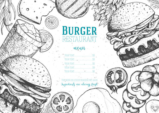 Burgers and ingredients for burgers vector illustration. Fast food, junk food frame. American food. Elements for burgers restaurant menu design. Engraved image, retro style.