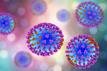 Influenza virus. 3D illustration showing surface glycoprotein spikes hemagglutinin (purple) and neuraminidase (orange) - obrazy, fototapety, plakaty