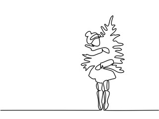 Continuous line drawing. Girl keep Christmas tree in hand. Vector illustration
