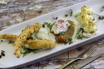 Fish goujons, cod and prawns