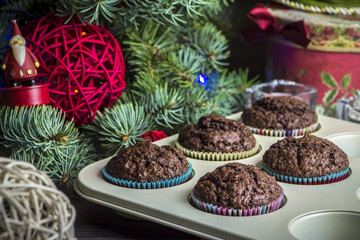Christmas chocolate muffins in festive wrapping
