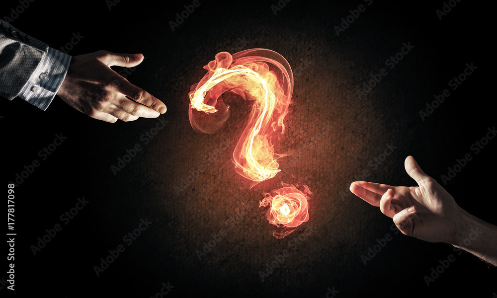 Poster concept of help or support with fire burning question mark and c