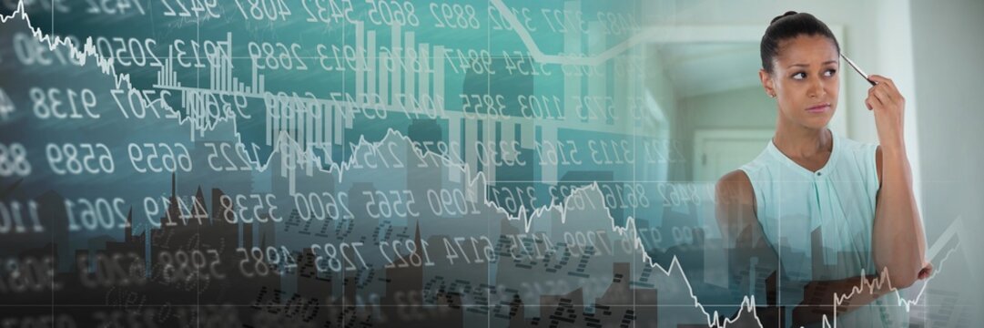 Businesswoman thinking and holding pen in cool room with - Powered by Adobe