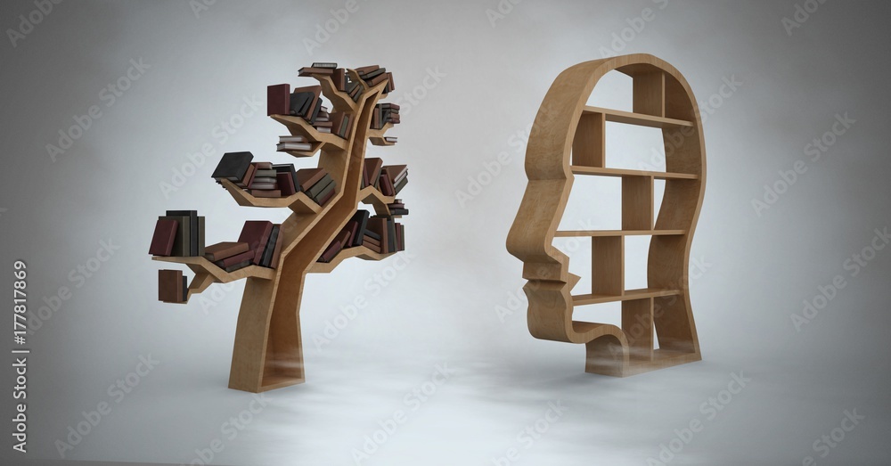 Poster head and tree bookshelf of knowledge with grey background