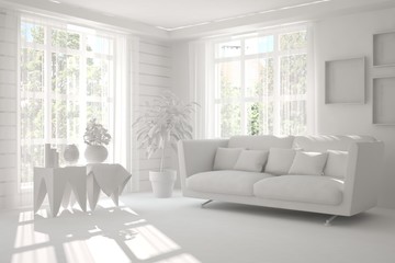 Idea of white room with sofa and summer landscape in window. Scandinavian interior design. 3D illustration