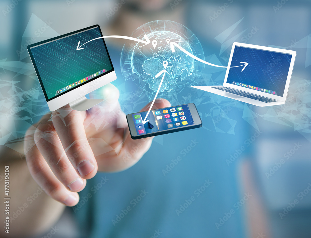 Poster computer and devices displayed on a futuristic interface with interantional network - multimedia and