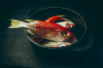 Red fresh fish in pot
