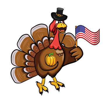 Cartoon turkey in a hat with a pumpkin and an American flag in his hands. Vector illustration
