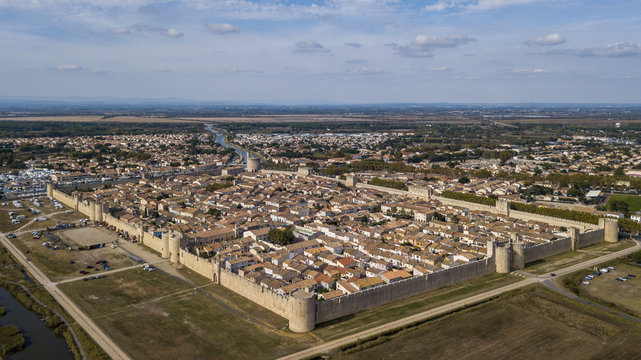 Aerial view of Aigues-Mortes walled city in France