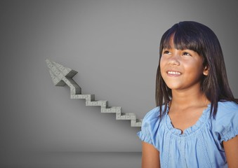 Girl against grey background with fringe and arrow steps upwards