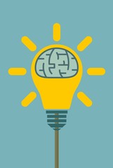 Big human brain inside shining lightbulb on background. Inspiration, discovery, idea and insight concept. Flat design. Vector illustration.