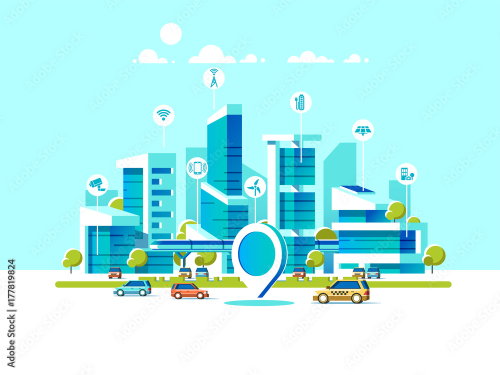 Poster smart city flat. cityscape background with different icon and elements. modern architecture. mobile 