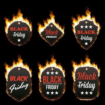 Set of six hot BLACK FRIDAY tags of different shapes surrounded with realistic flame isolated on black background. Burning fire light effect. Bonfire elements. Gradient mesh vector for your design