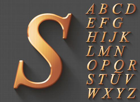Set of golden luxury 3D uppercase english letters. Golden metallic shiny italic font on gray background. Good typeset for wealth and jewel concepts. Transparent shadow, EPS 10 vector illustration.