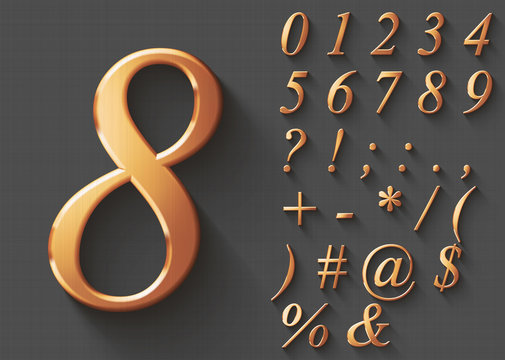 Set of golden luxury 3D Numbers and Characters. Golden metallic shiny italic symbols on gray background. Good set for wealth and jewel concepts. Transparent shadow, EPS 10 vector illustration.