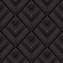 Embroidery vector seamless pattern. Tapestry geometric background wallpaper. Grunge surface embroidered 3d texture. Hatching gold geometric shapes, figures, rhombus, triangles.Lace wave lines, stripes