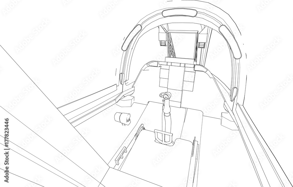 Wall mural The cockpit of combat aircraft from the inside. Vector illustration in lines.