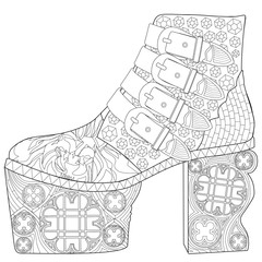 Coloring  page for adults. Gothic boot. Art Therapy. Line art illustration.
