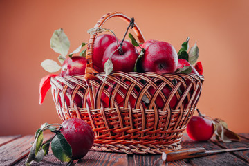 Fresh red apples in the basket isolated on brown background