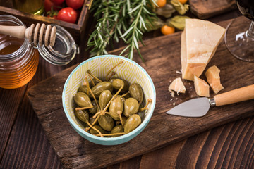 Whole Capers in bowl,spanish tapa bar food