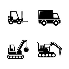Construction Vehicles. Simple Related Vector Icons Set for Video, Mobile Apps, Web Sites, Print Projects and Your Design. Black Flat Illustration on White Background.