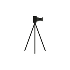 vector flat cartoon lens photo camera standing at special tripod stand side view. Professional photo equipment. Isolated illustration on a white background.