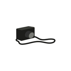 vector flat cartoon lens photo camera icon with strap standing at floor. Professional photo equipment. Isolated illustration on a white background.