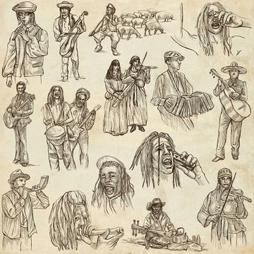 Music and MUSICIANS around the World. Collection of an hand drawn illustrations on old paper.