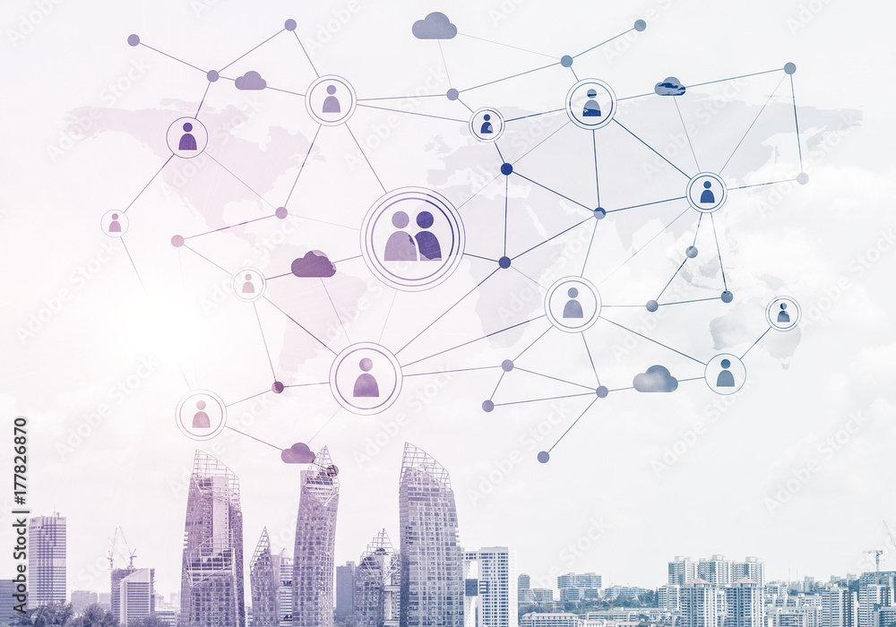 Wall mural modern city and social net as concept for global networking