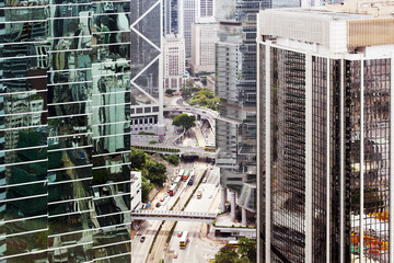 Fototapeta na wymiar Bird view of cityscape, modern buildings, highway in Hong Kong City in China
