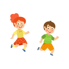 Kids, children, boy and girl playing tag, running outside, flat cartoon vector illustration isolated on white background. Funny kids having fun, playing tag, running, enjoying summer vacation
