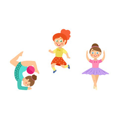 Girls doing sport exercises – runner, gymnast, ballet dancer, flat cartoon vector illustration isolated on white background. Little girls doing rhythmic gymnastics with ball, dancing ballet, running