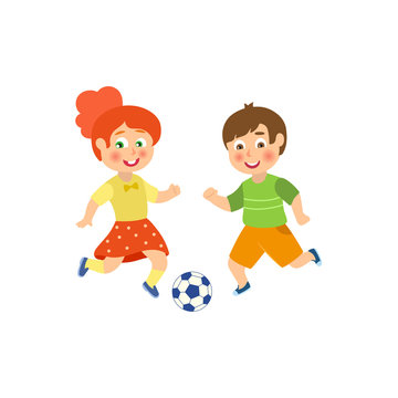 vector flat cartoon funny young teen boy and girl playing football. Male, female athletes in sport summer clothing smiling. Isolated illustration on a white background.