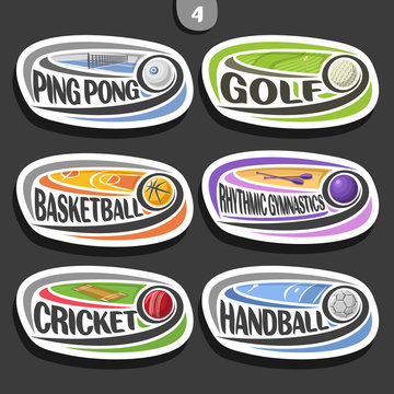 Vector set of sport logos, 6 oval simple badges with flying ball on curved trajectory, sports signs of minimal design with games equipment, original typography for words of different kind of sport.