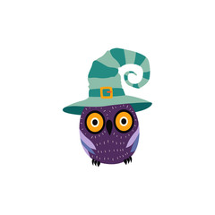 vector flat cartoon halloween traditional autumn holiday symbol spooky stylized funny magic owl in witch wizard hat. Isolated illustration on a white background.
