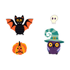 vector flat cartoon halloween autumn holiday symbols set. Pumpkin or Jack O'Lanterns, owl in witch hat, black bat and ghost in shape of skull. Isolated illustration on a white background.