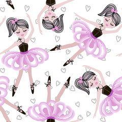Cute dancing ballerina girls in pink tutus. Vector seamless pattern for baby and child wallpapers, textile, posters and clothing prints. Little girlfriends in ballet dresses.
