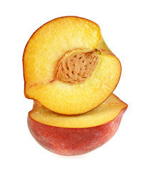 Two halves of a peach on a white background