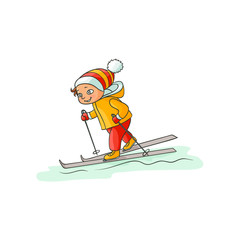 Obraz na płótnie Canvas Happy little boy in warm clothes skiing downhill, winter sport activity, flat cartoon vector illustration isolated on white background. Drawing of little boy skiing, colorful flat cartoon illustration