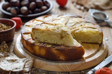 Pie with pear vegetarian with almond petals